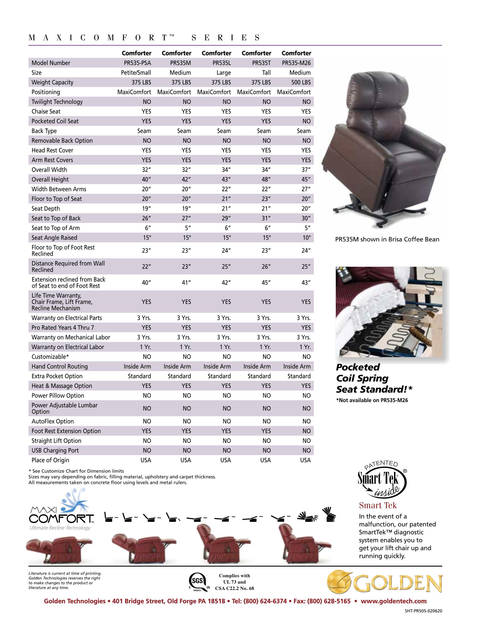 Los Angeles PR 535 Medium M26 wide seat 500 lb weight capacity PR 502 700 lb bariatric liftchair PR501 Small Medium Large Tall 375 lb. weight capacity seat liftchair recliner by Golden Tech